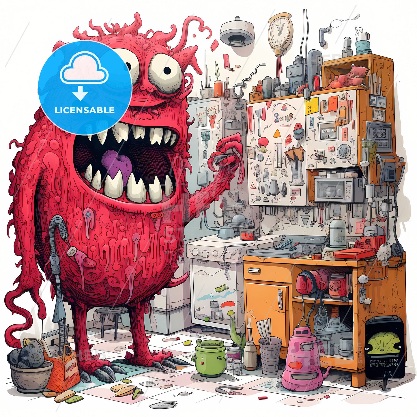 A Large Red Monster, A Cartoon Of A Red Monster In A Kitchen