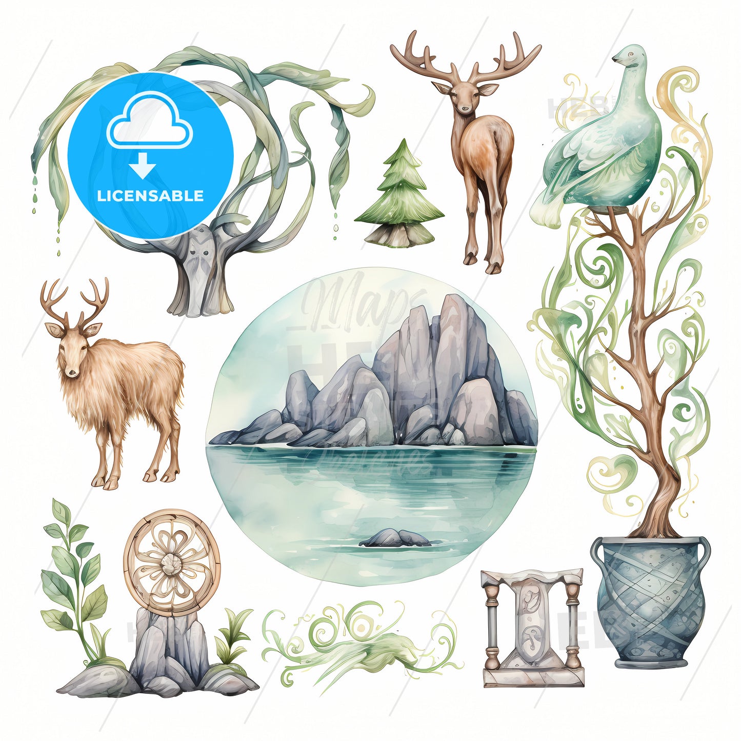 Elements Of Ireland, A Watercolor Painting Of Animals And Plants