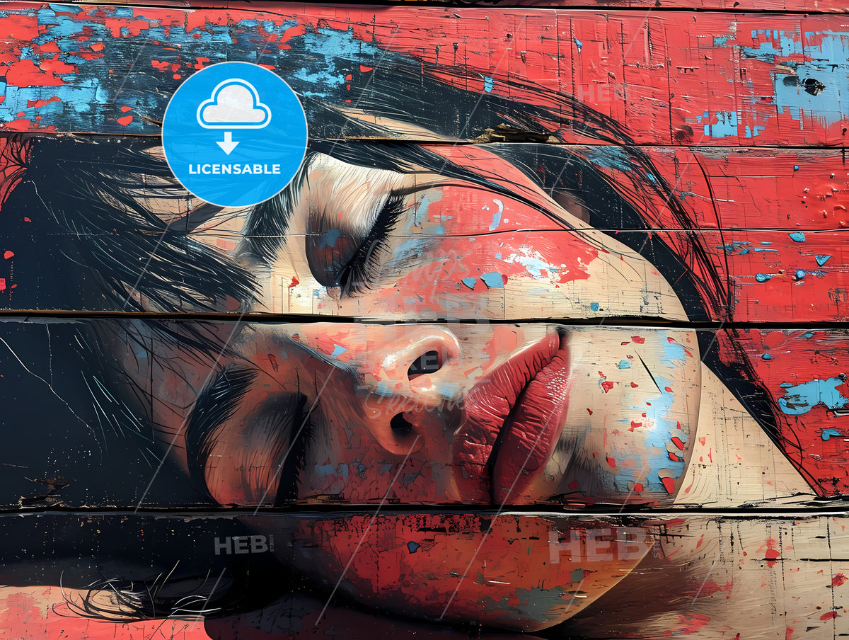Painted Portrait Of Woman In Bed, A Woman With Red Lipstick And Black Hair Lying On A Wood Surface