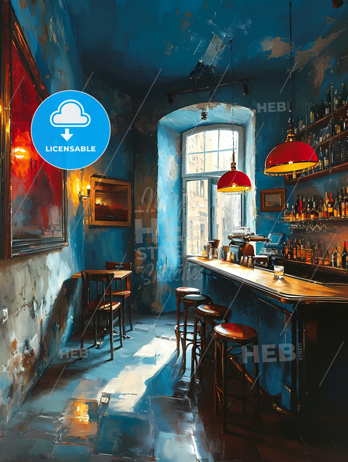 Bar Warm Lamp Windownight, A Bar With Stools And Bottles On The Wall