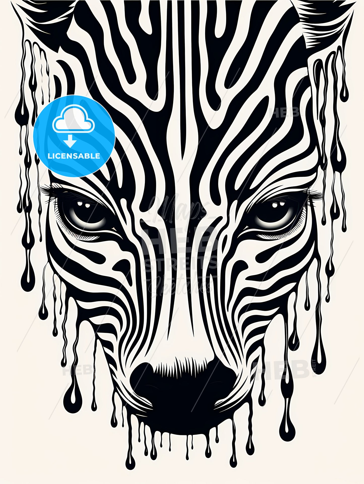 Linocut Line Art Of A Zebras Stripes, A Black And White Drawing Of A Zebra's Face