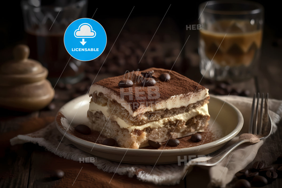 Tiramisu, A Plate Of Tiramisu On A Napkin And Coffee Beans