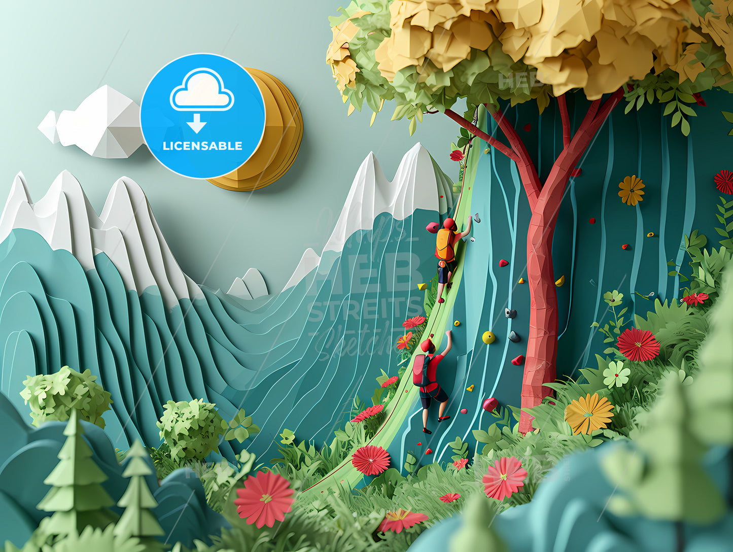 Layered Paper Mountaineering Landscape, A Group Of People Climbing A Mountain