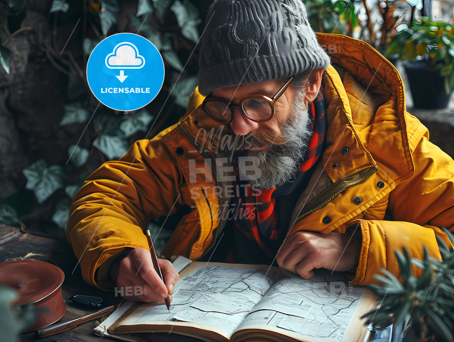 An Advertising Designer, A Man In A Hat And Glasses Writing On A Book