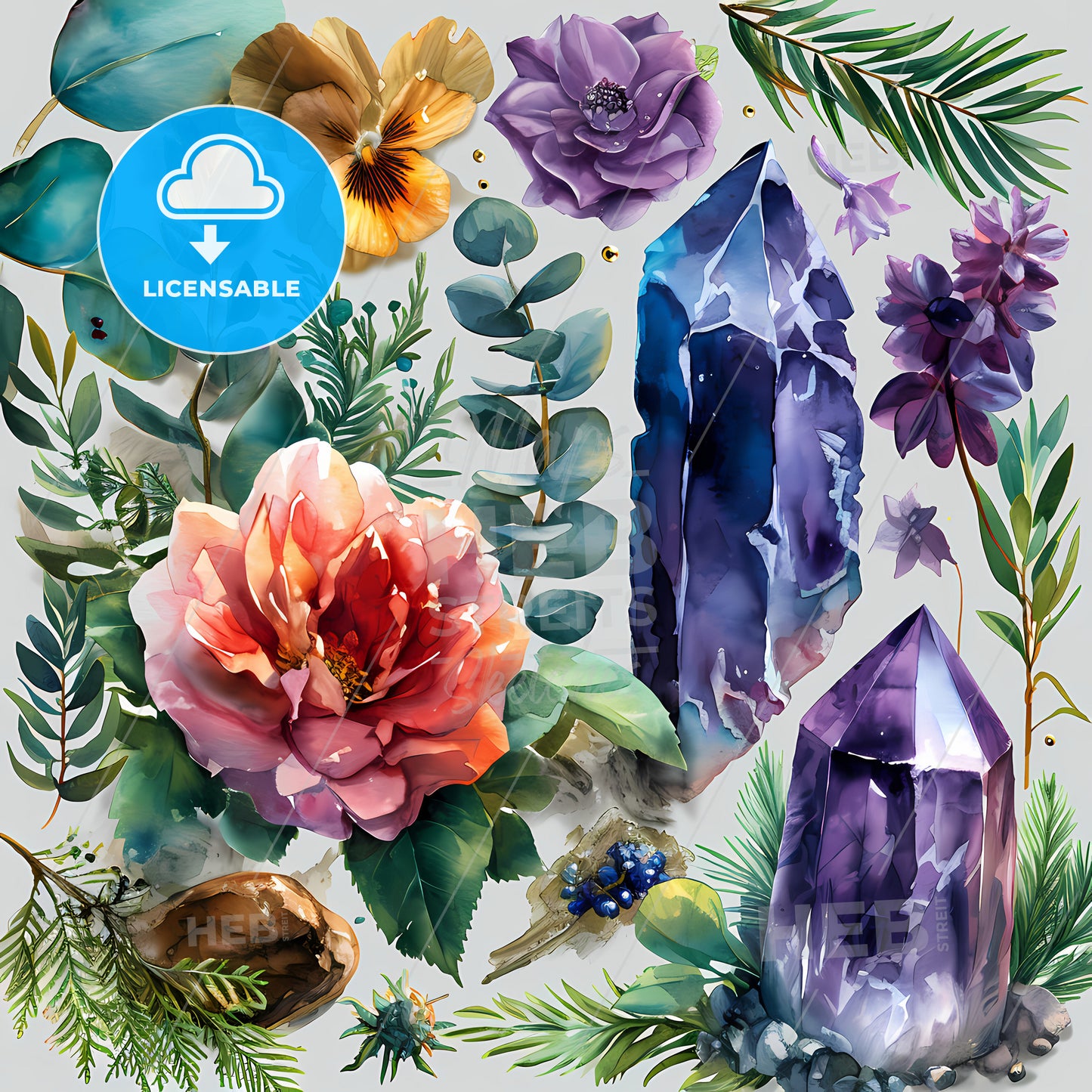 A Sticker Pack Of Modern Witch Accessories, A Group Of Flowers And Leaves