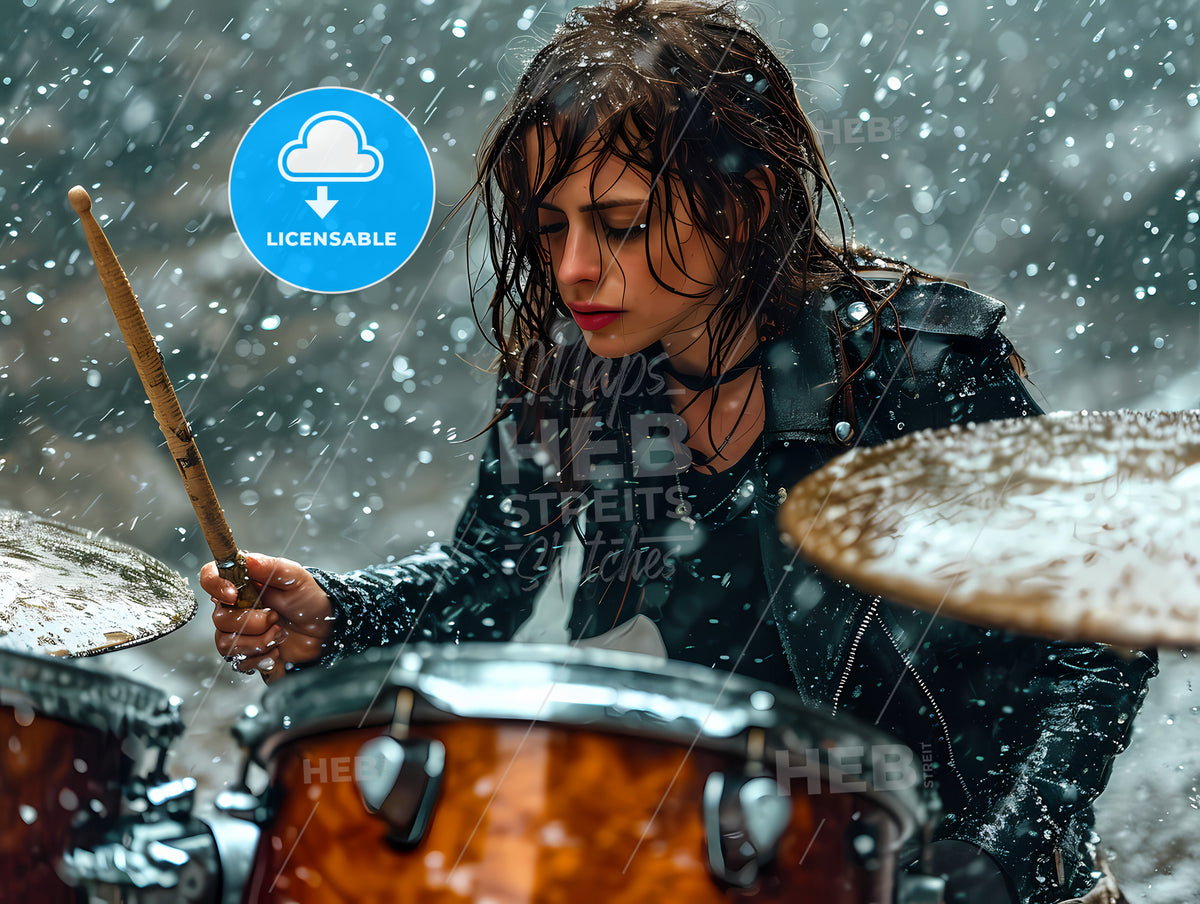 A Beutiful Female Drummer, A Woman Playing Drums In The Rain