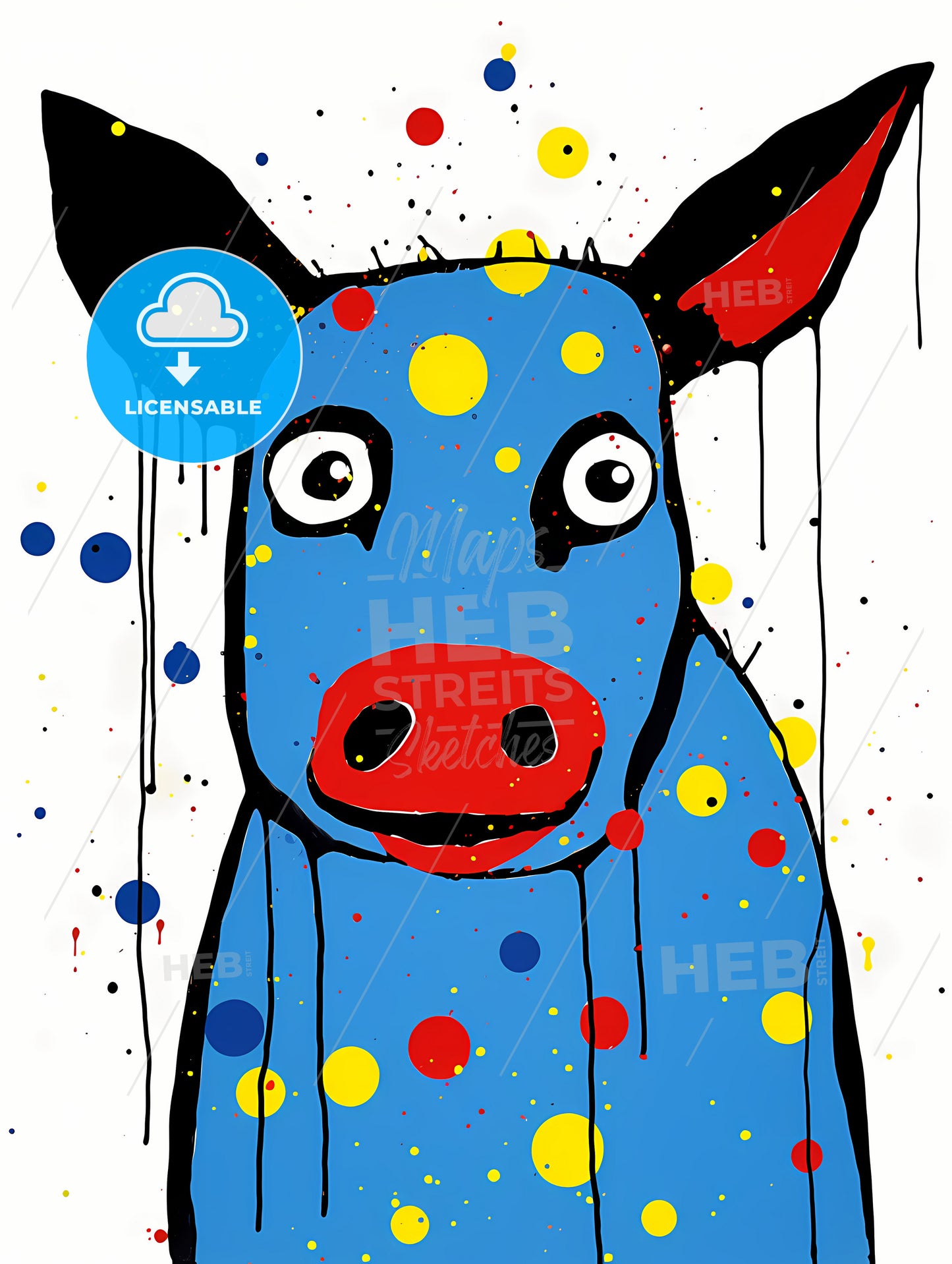 Minimalist Pig Art, A Blue Cow With Black Spots And Red Nose