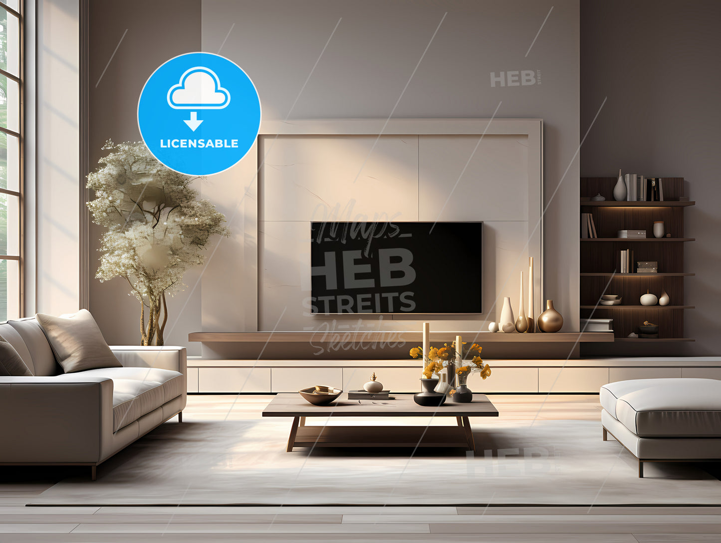 European Minimalist Styleliving Room, A Living Room With A Tv And Couches