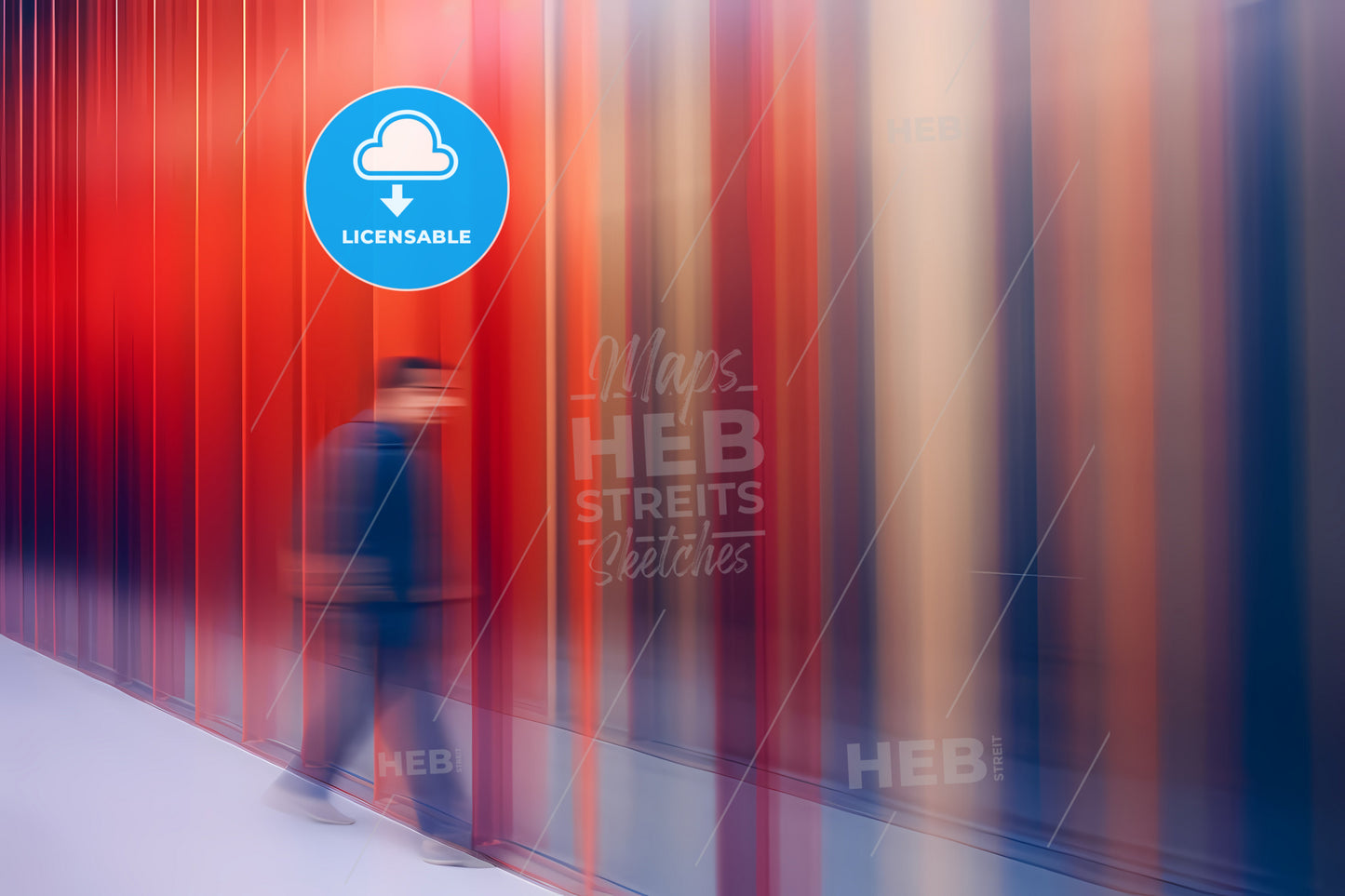 A Blurred Background, A Person Walking In A Room With Red And Orange Striped Walls