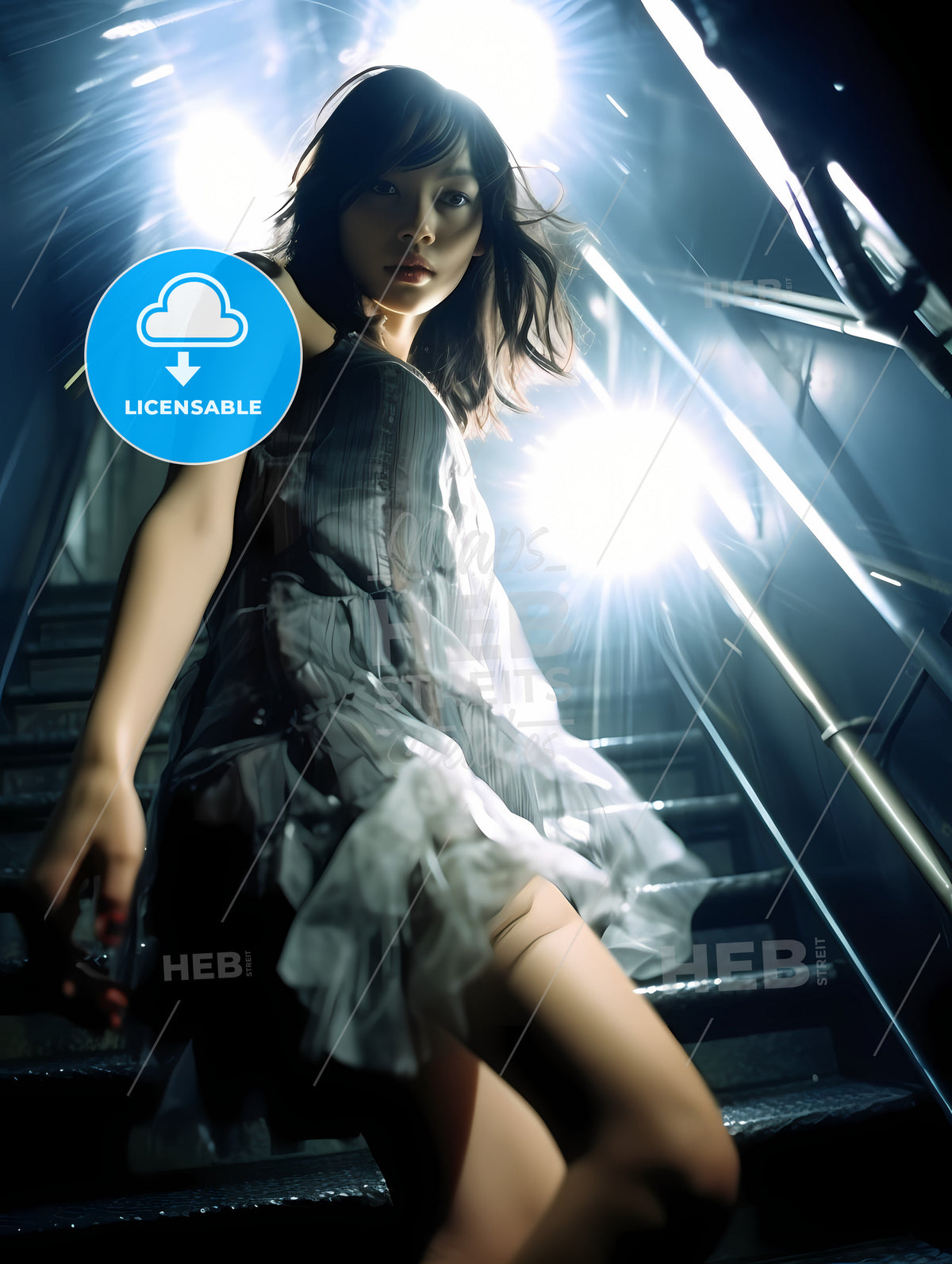 A Girl In A Light Dress, A Woman In A Dress On A Staircase
