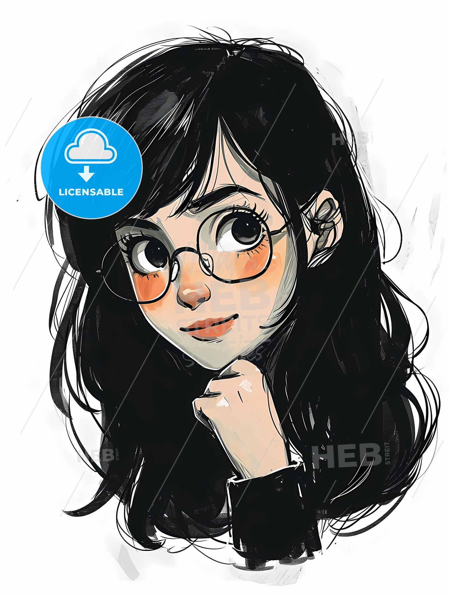 A Line Drawing Of A Cute Cartoon Girl, A Cartoon Of A Woman With Her Hand On Her Chin