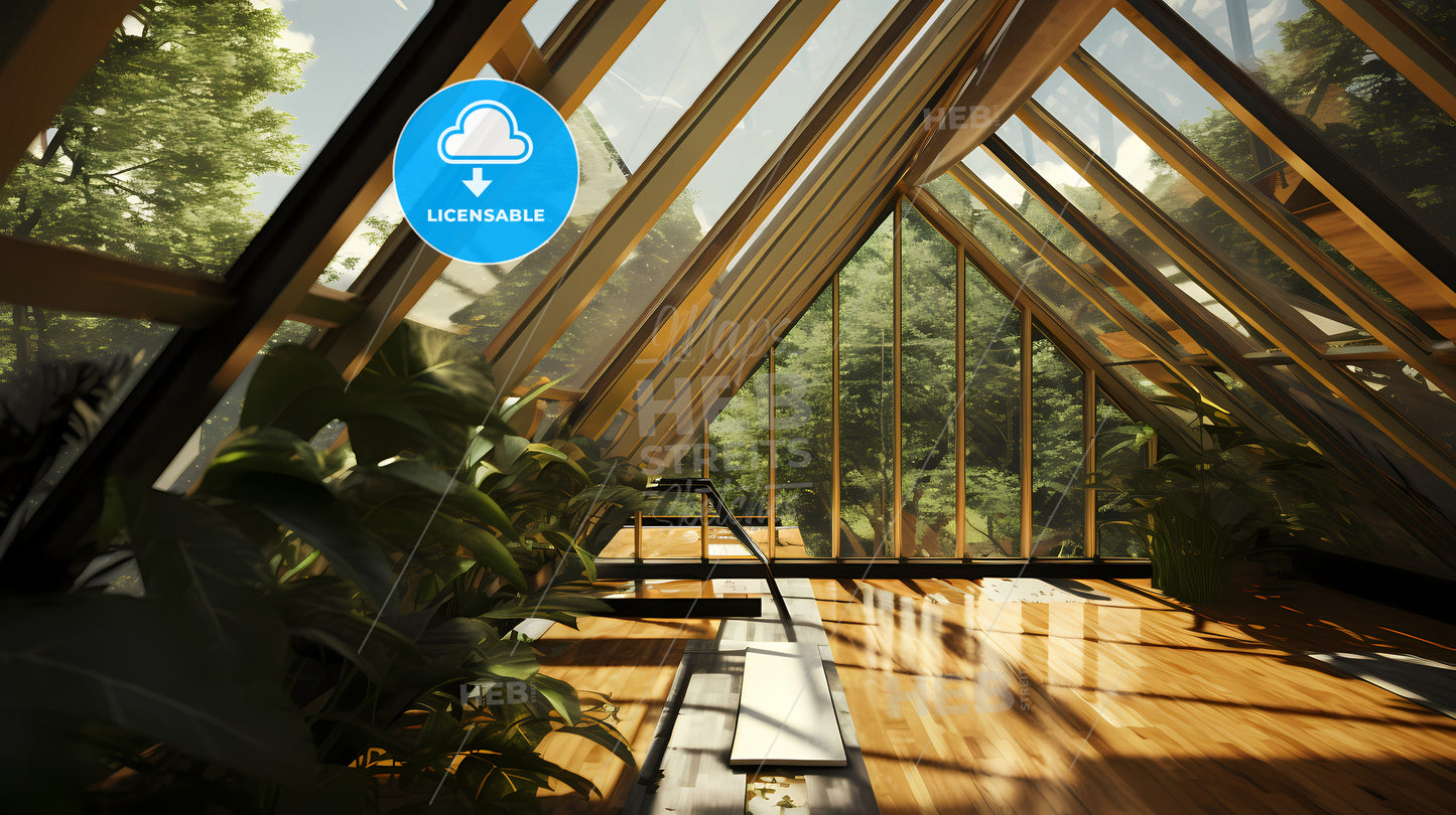 Roof Glass House, A Room With A Wood Floor And Glass Walls