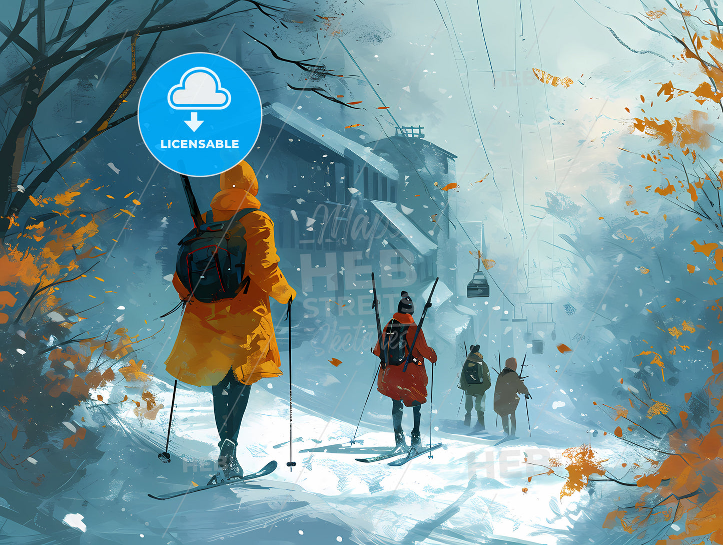 With People Skiing, A Group Of People Skiing Down A Snowy Road