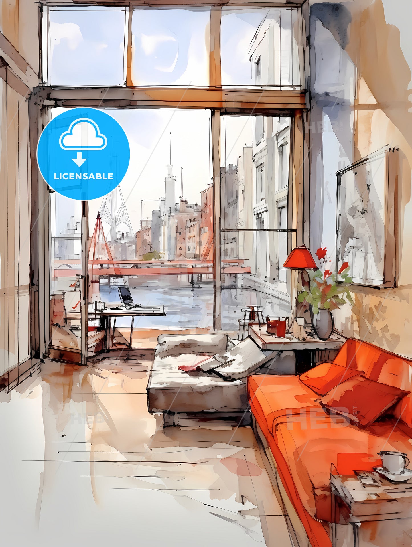 Modern Studio Apartment, A Drawing Of A Living Room With A View Of A City