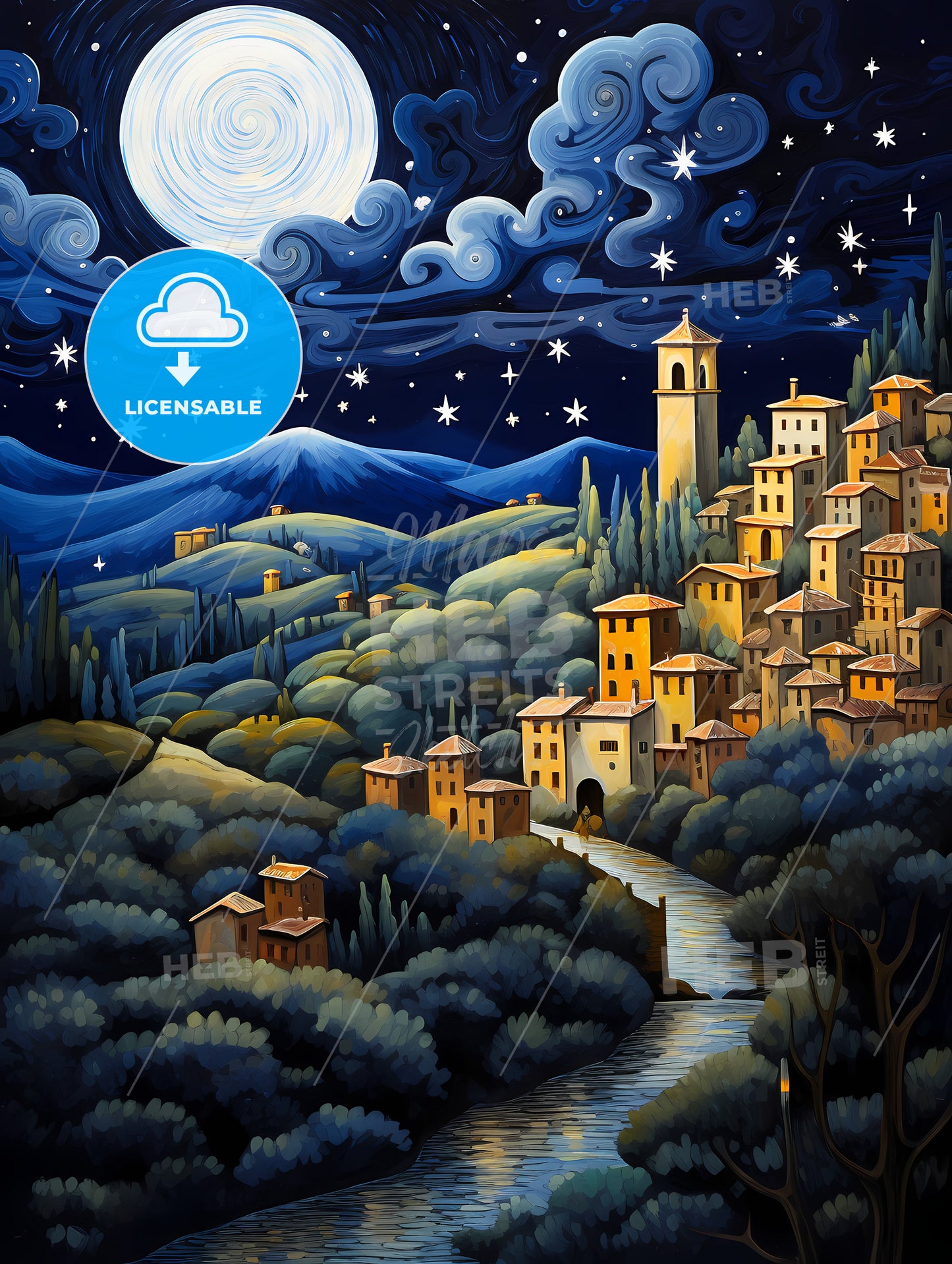 Painting Of A Night Scene, A Painting Of A Town In A Valley