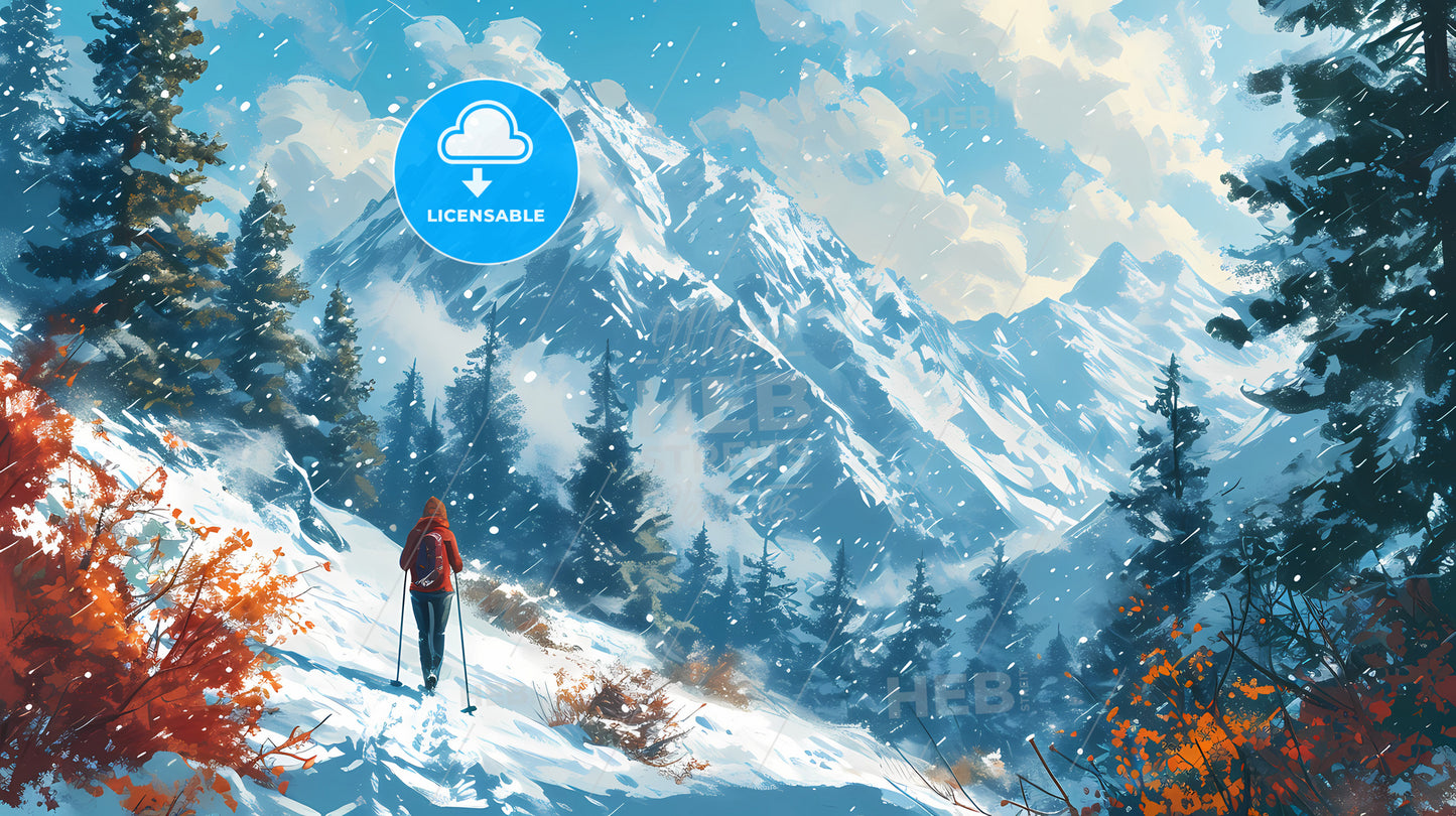 Family On The Ski, A Person Hiking In The Snow