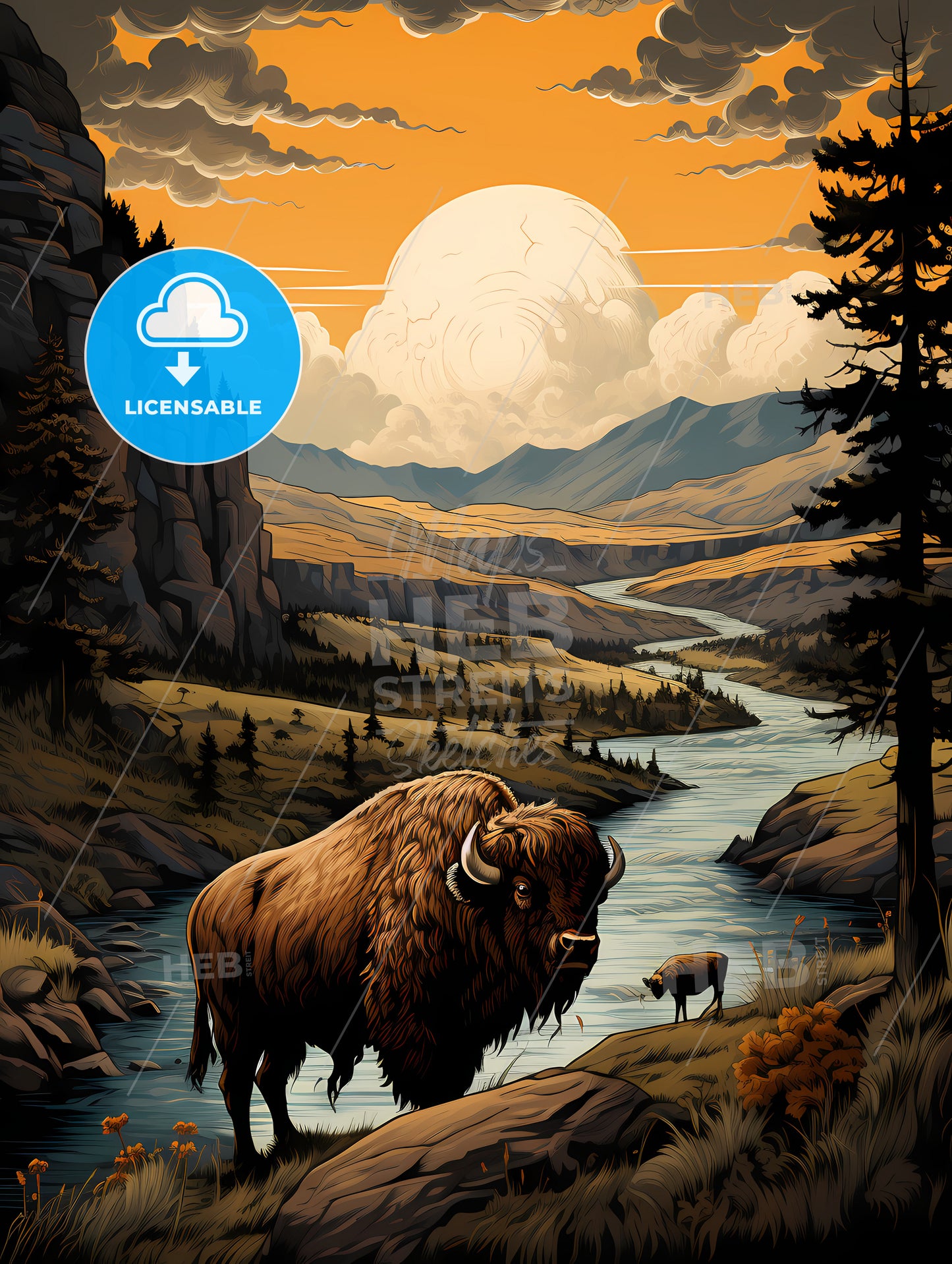 Yellowstone National Park, A Buffalo Standing In A River