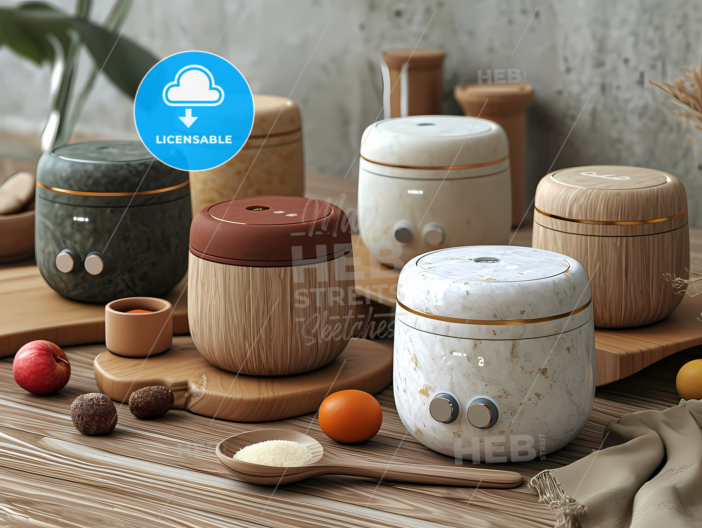 A Sketch Showing Designs Of Electric Cooker, A Group Of Round Containers With Knobs And Buttons