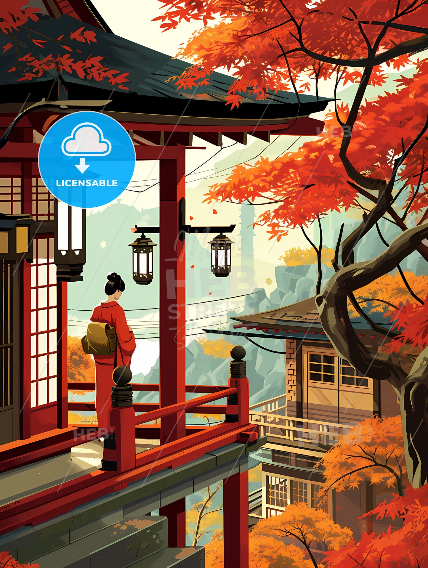 Mount Fuji, A Woman Standing On A Balcony With Lanterns And Trees