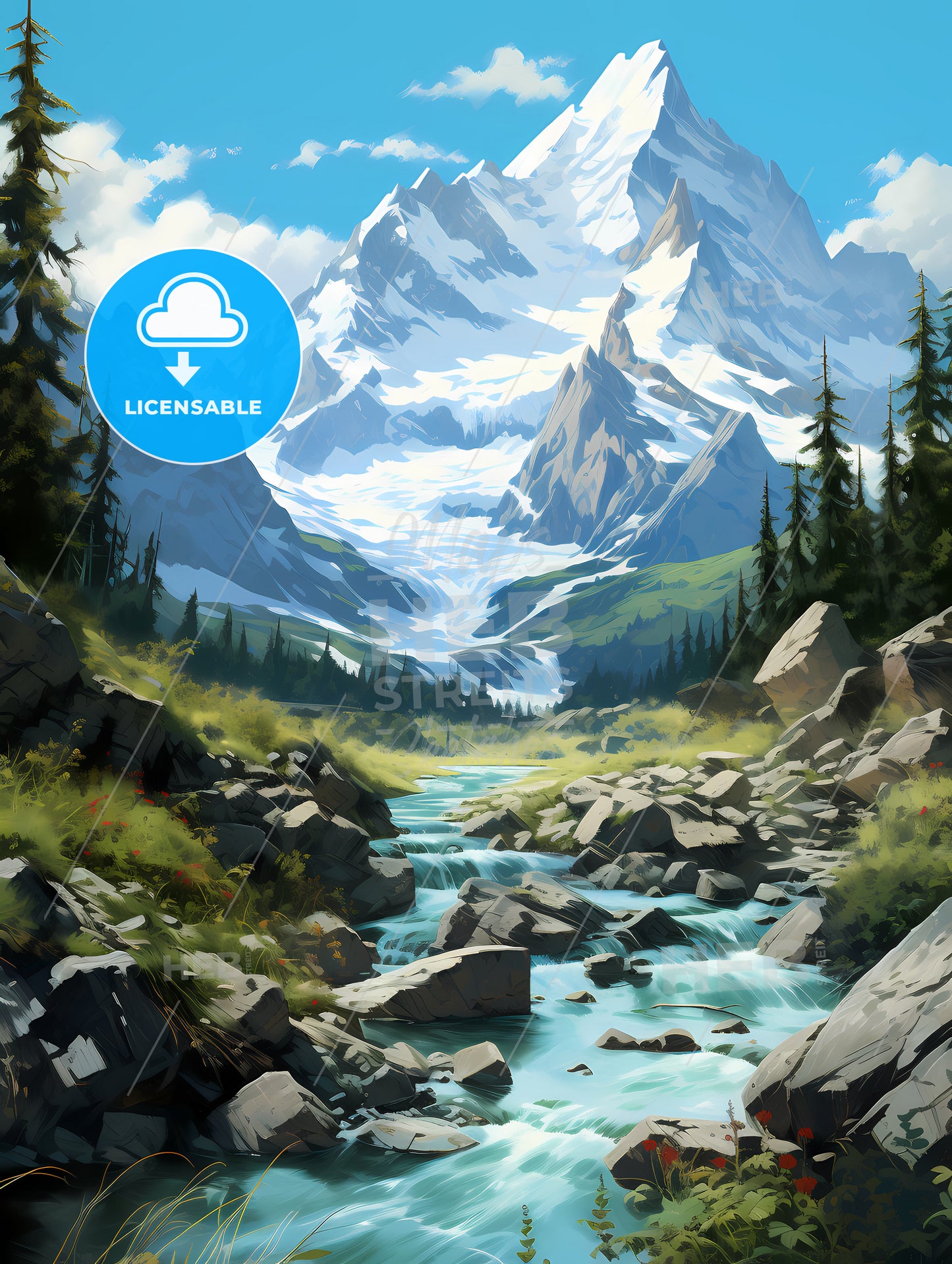 Glacier National Park, A River Running Through A Rocky Valley With A Snowy Mountain In The Background