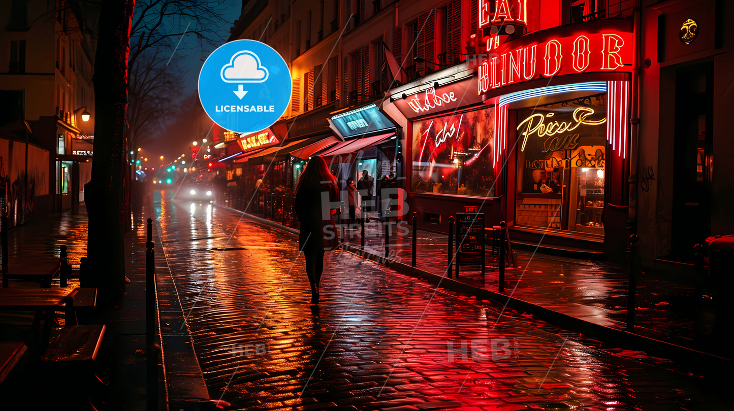 Une Lofi Girl Regardant, A Person Walking On A Wet Street With Neon Signs