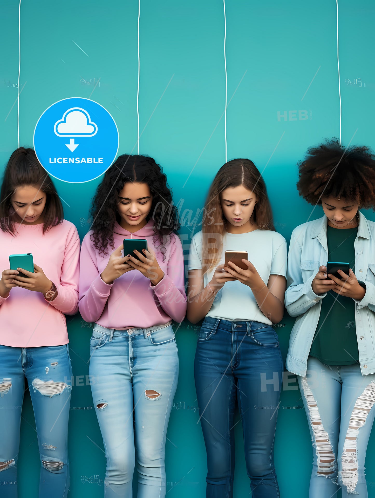Group Of Multiethnic Teenagers Addicted To Use Smartphones, A Group Of Girls Looking At Their Phones