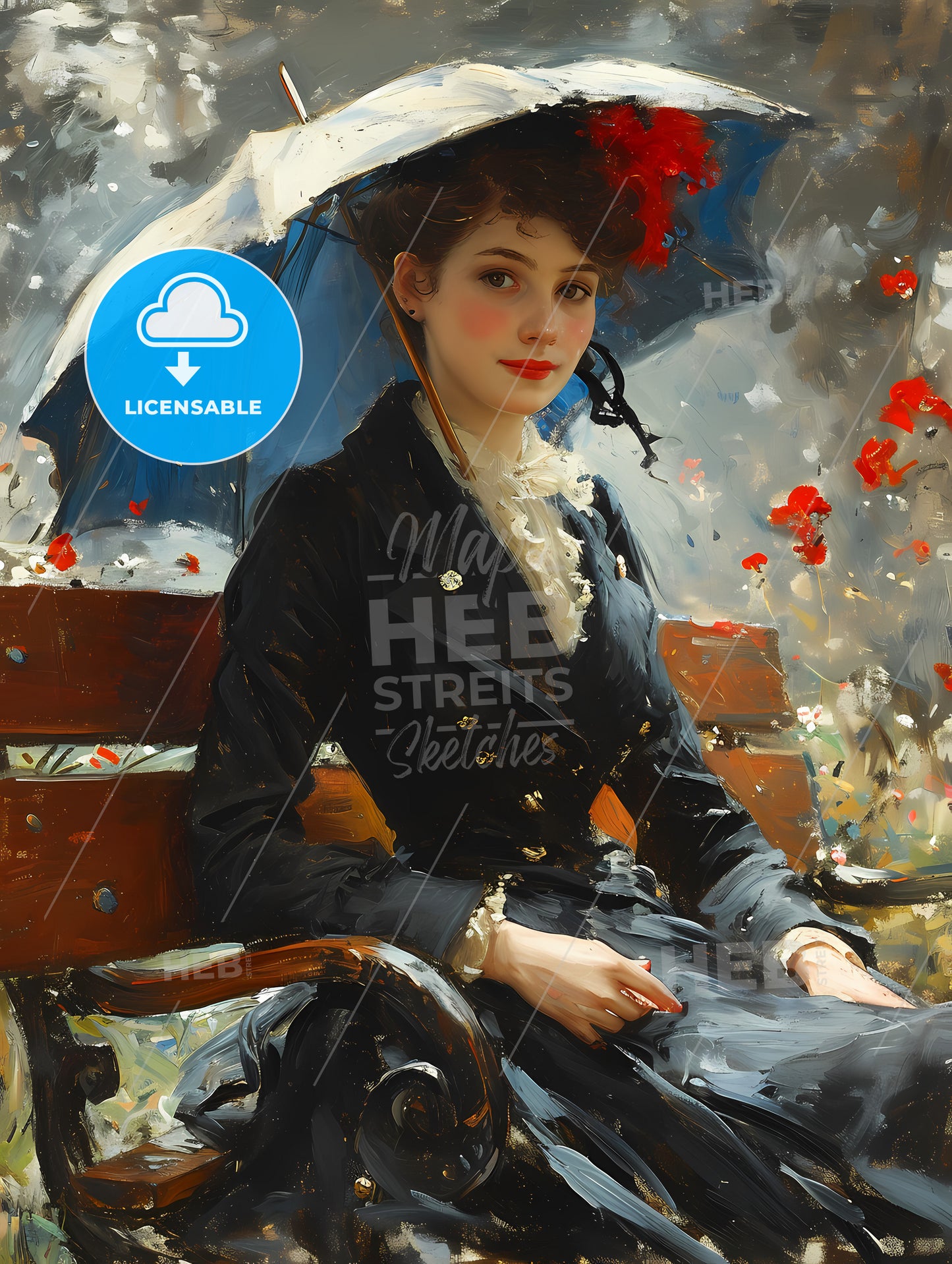 Wind, A Woman Sitting On A Bench With An Umbrella