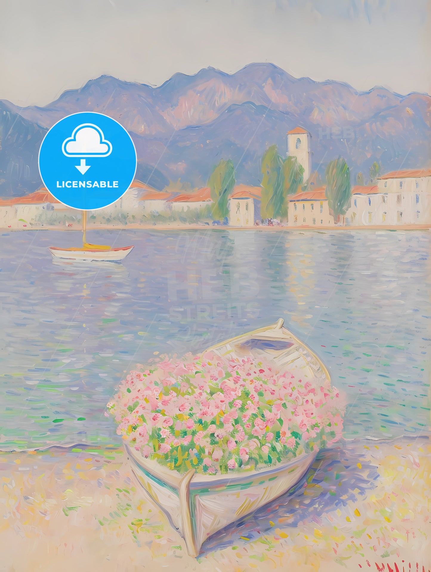 A Italy Seaside, A Painting Of A Boat With Flowers In It