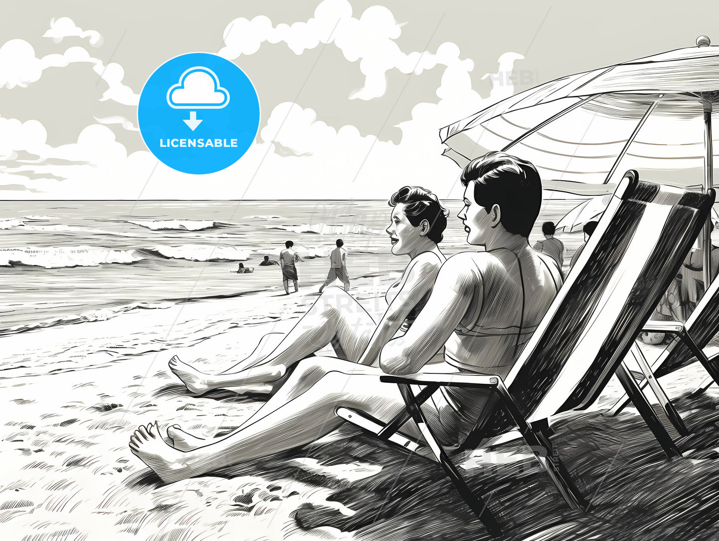 On A Sunny Day, A Couple Of People Sitting On A Beach