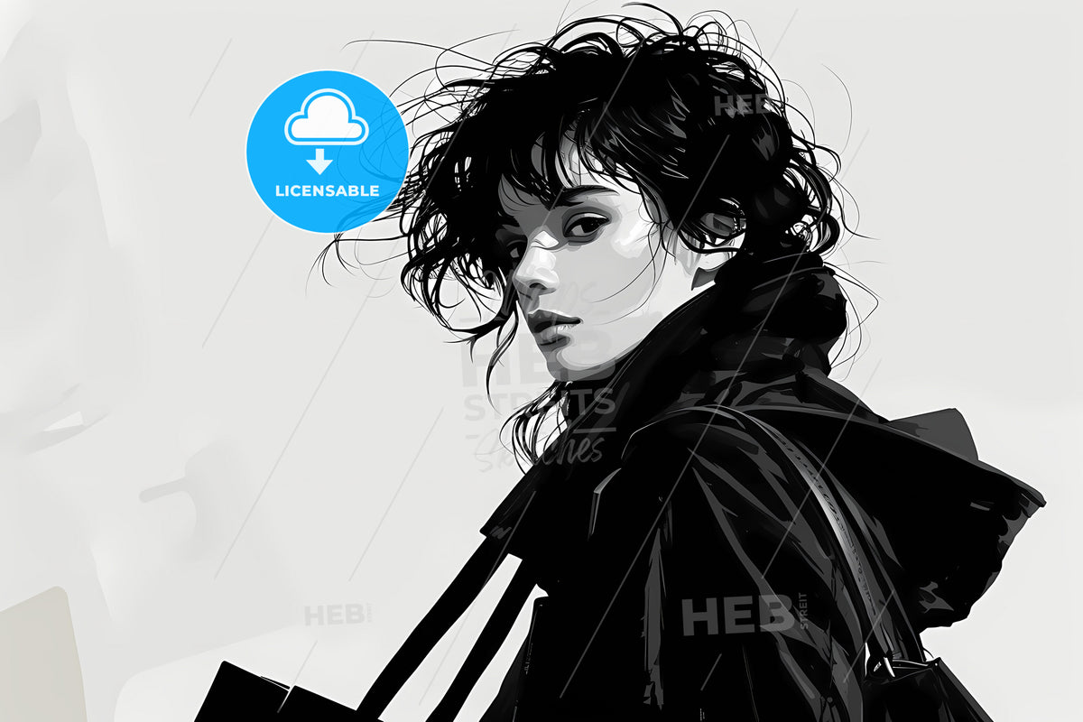 A Grayscale Illustration Of A Hedonist, A Woman With Long Hair
