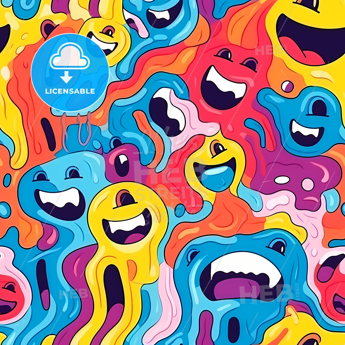 Funny Melting Smiling Happy Faces, A Colorful Cartoon Faces