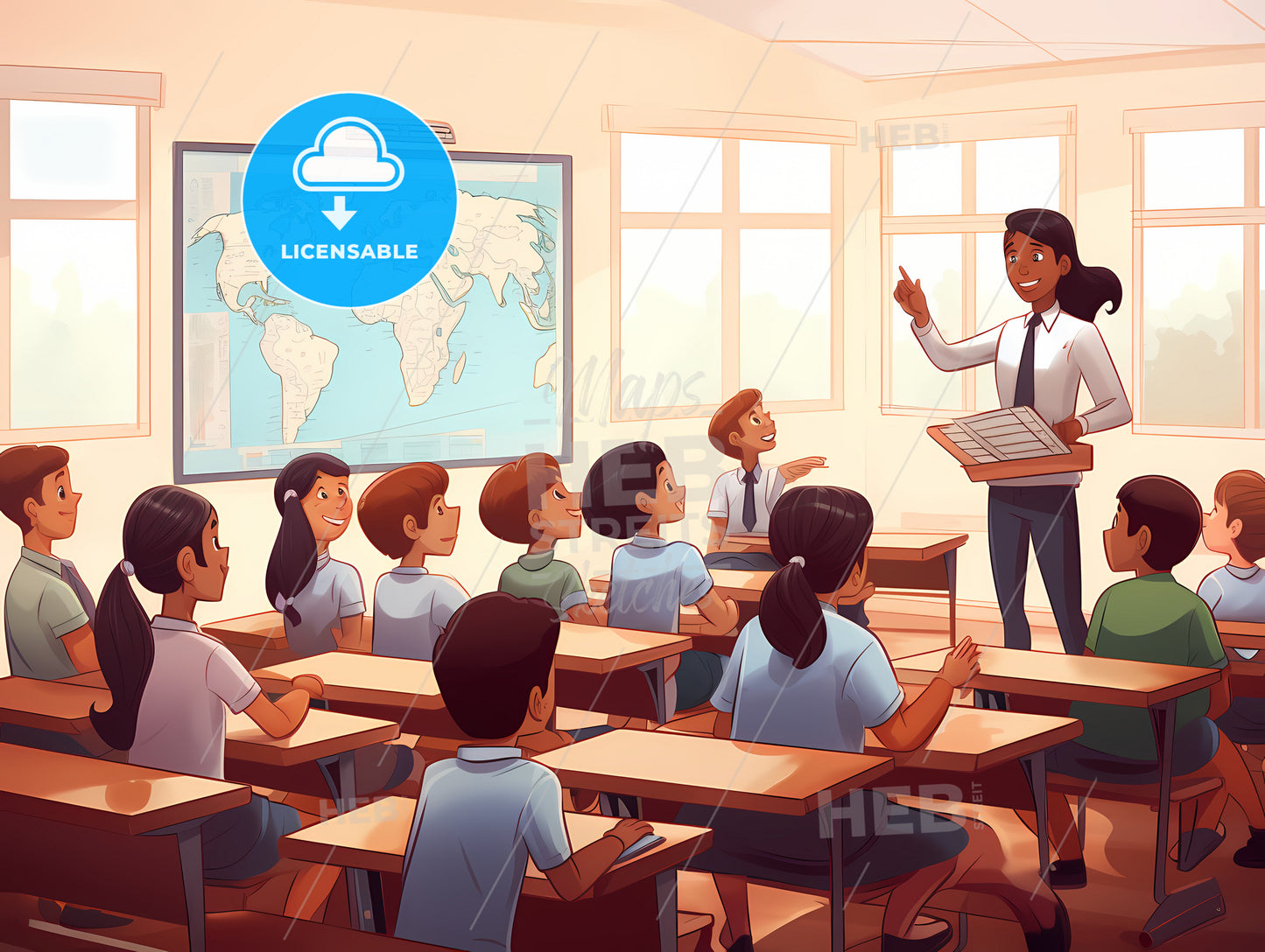 Multi Racial Elementary School, A Woman Standing In Front Of A Classroom With A Group Of Kids