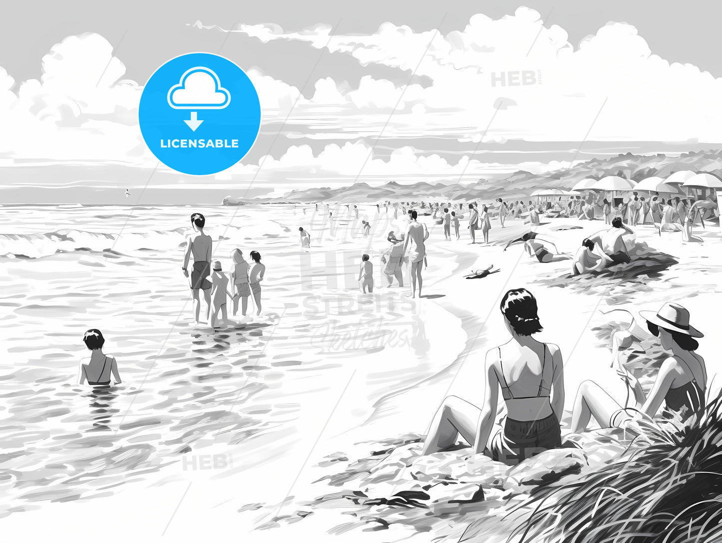 On A Sunny Day, A Black And White Image Of People On A Beach