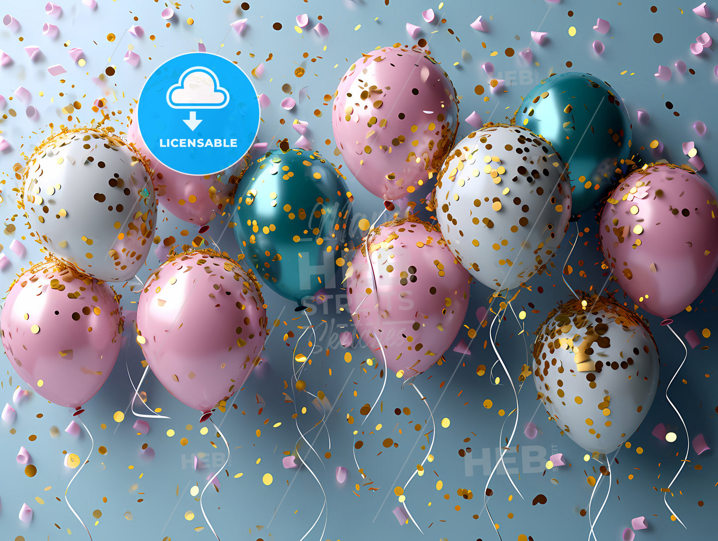 Vector Illustration As Background For Greetings, A Group Of Balloons With Confetti