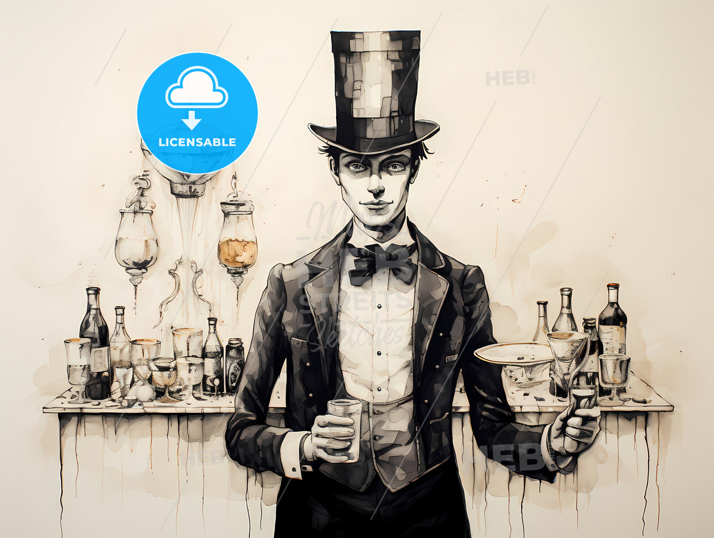 A Depressd Waiter, A Man In A Top Hat Holding A Glass And A Plate