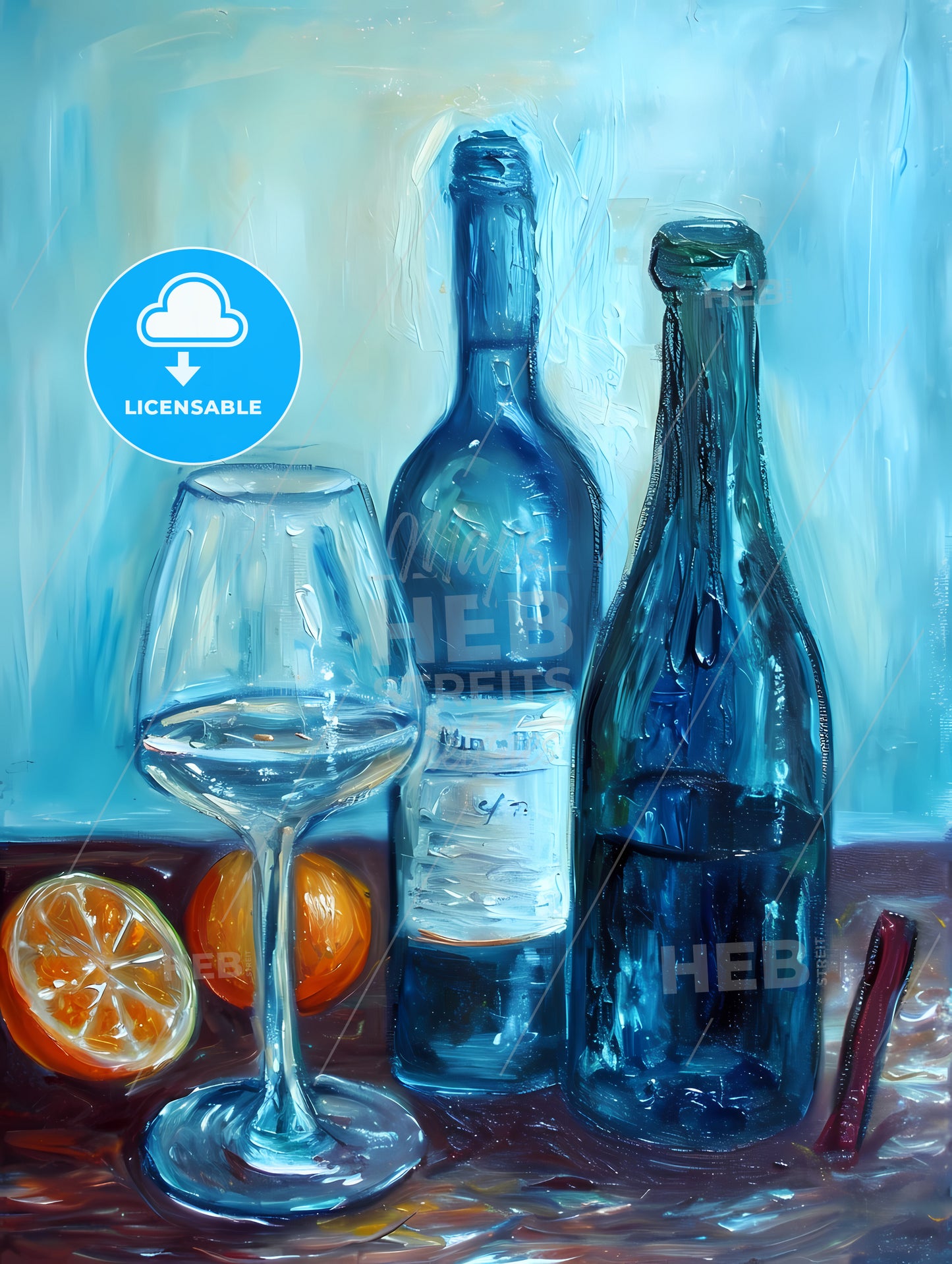 Still Life With Oranges Ad Apples, A Painting Of A Wine Bottle And A Glass Of Wine