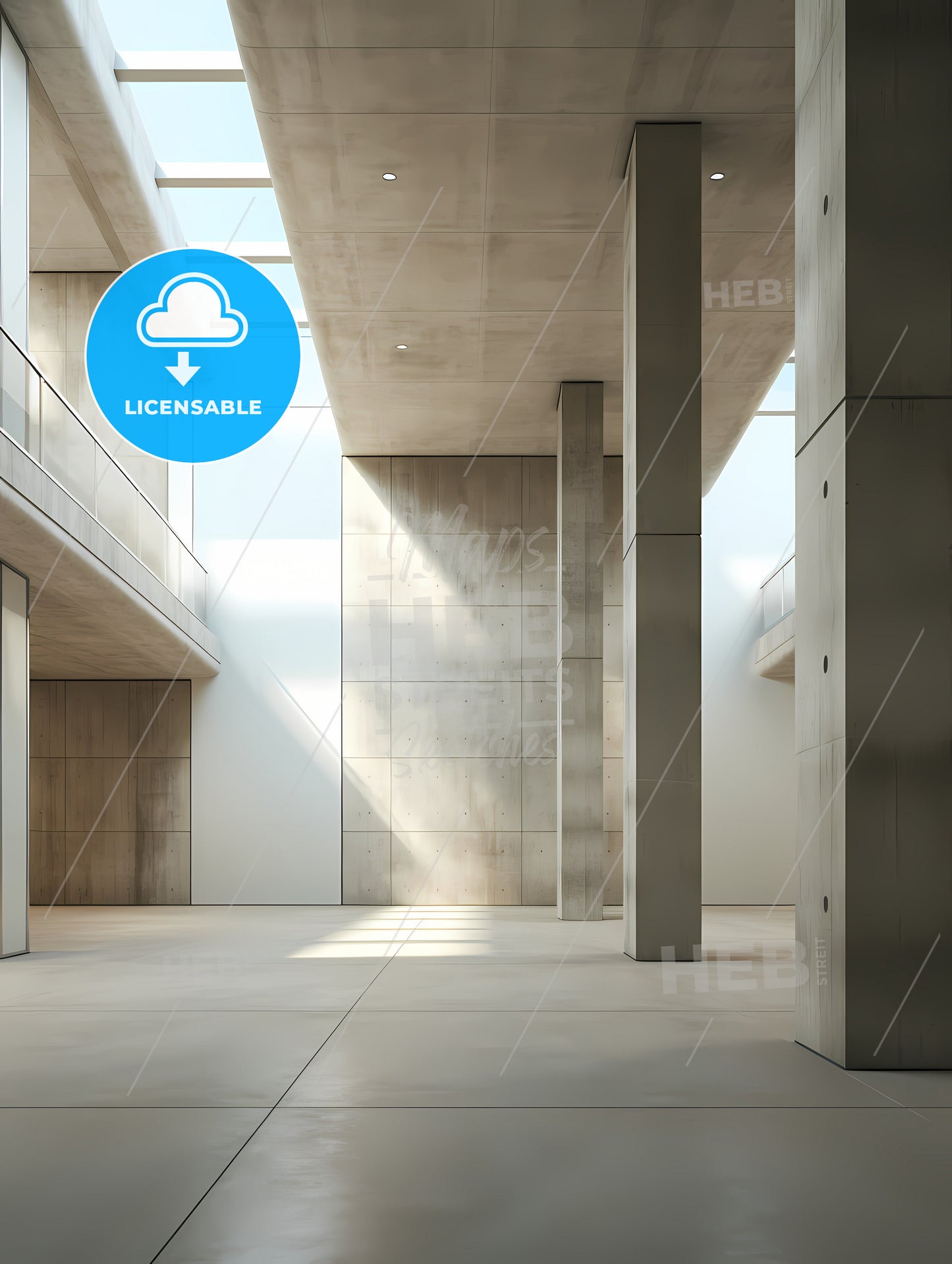 Business Center Hall, A Large Room With Concrete Pillars And A Balcony