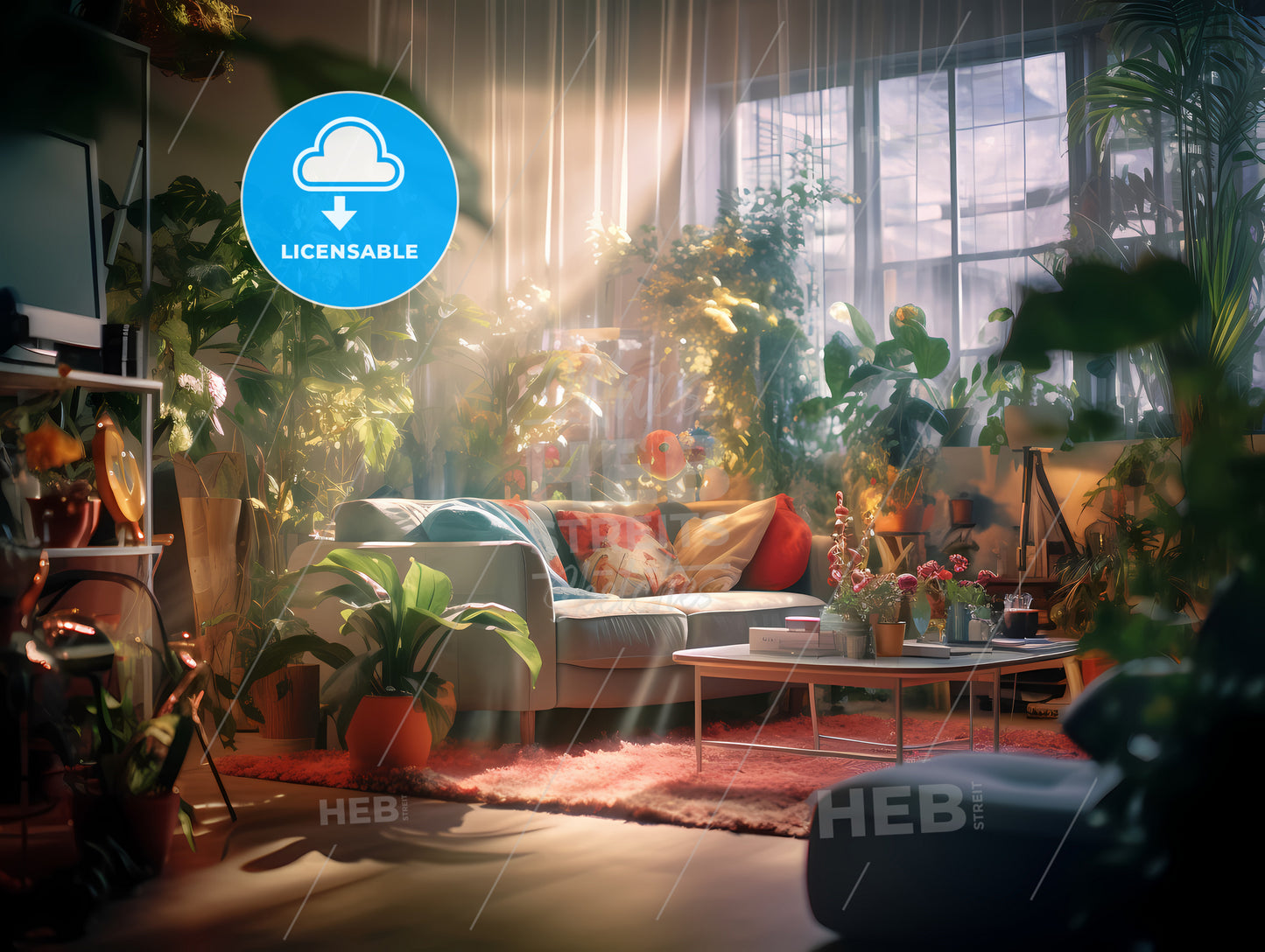 In A Spacious And Bright Living Room, A Room With Plants And A Couch