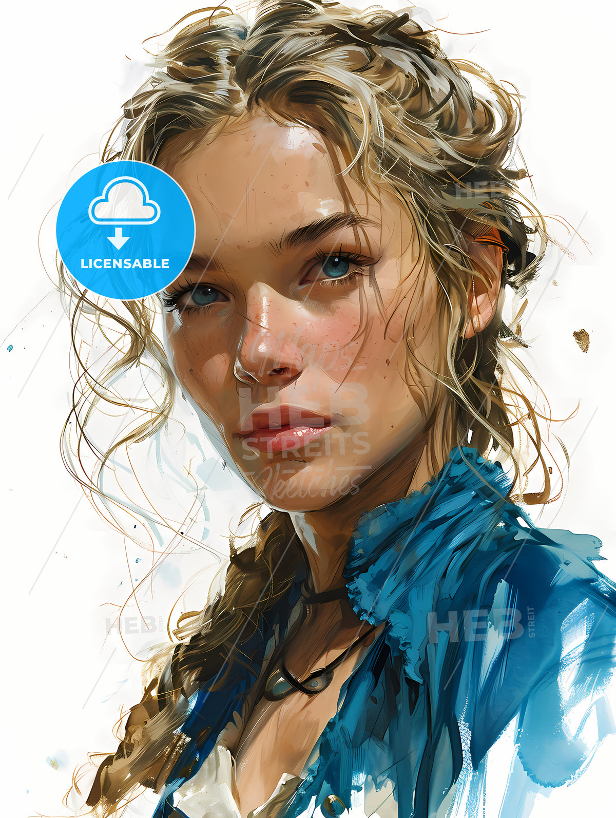 Gouache Painting Of A Blonde, A Woman With Blonde Hair And Blue Eyes