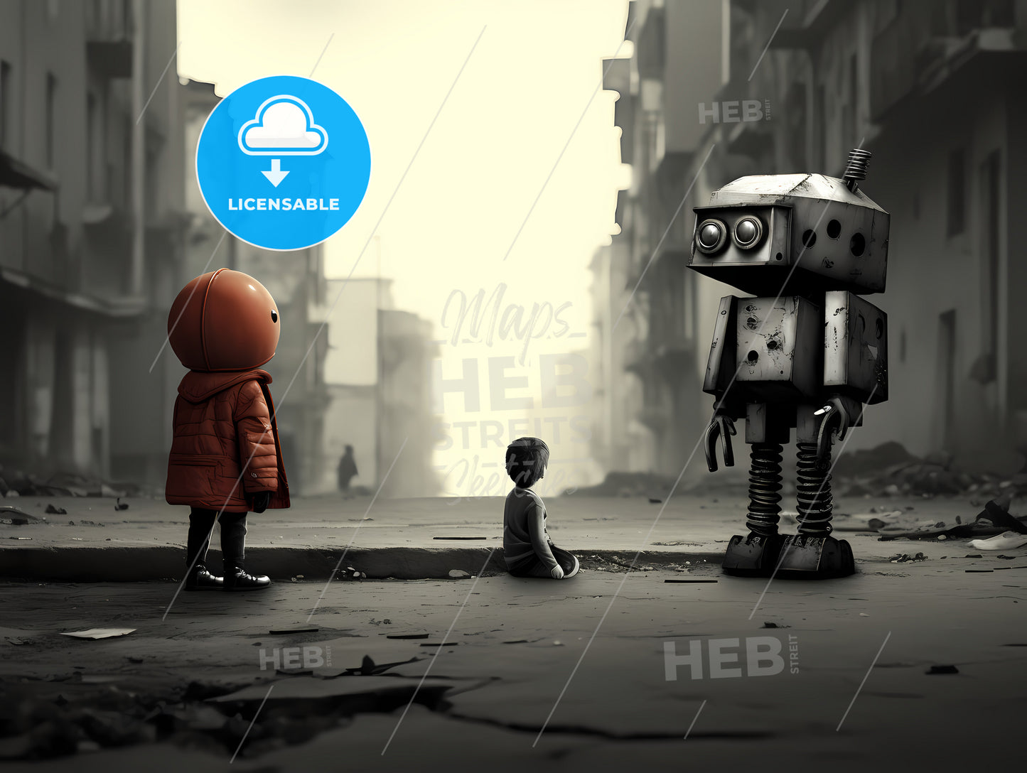 A Talking Cat With Human Intelligence, A Child Sitting On The Ground Looking At A Robot