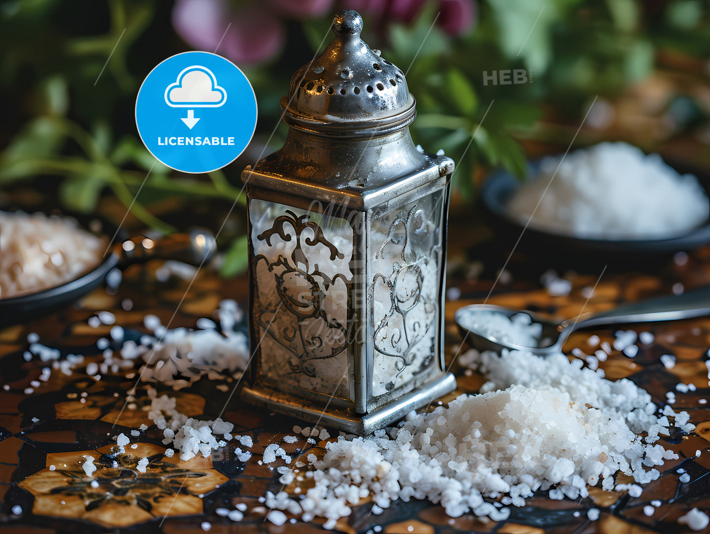 A Salt Shaker On A Counter, A Salt Shaker And Salt On A Table