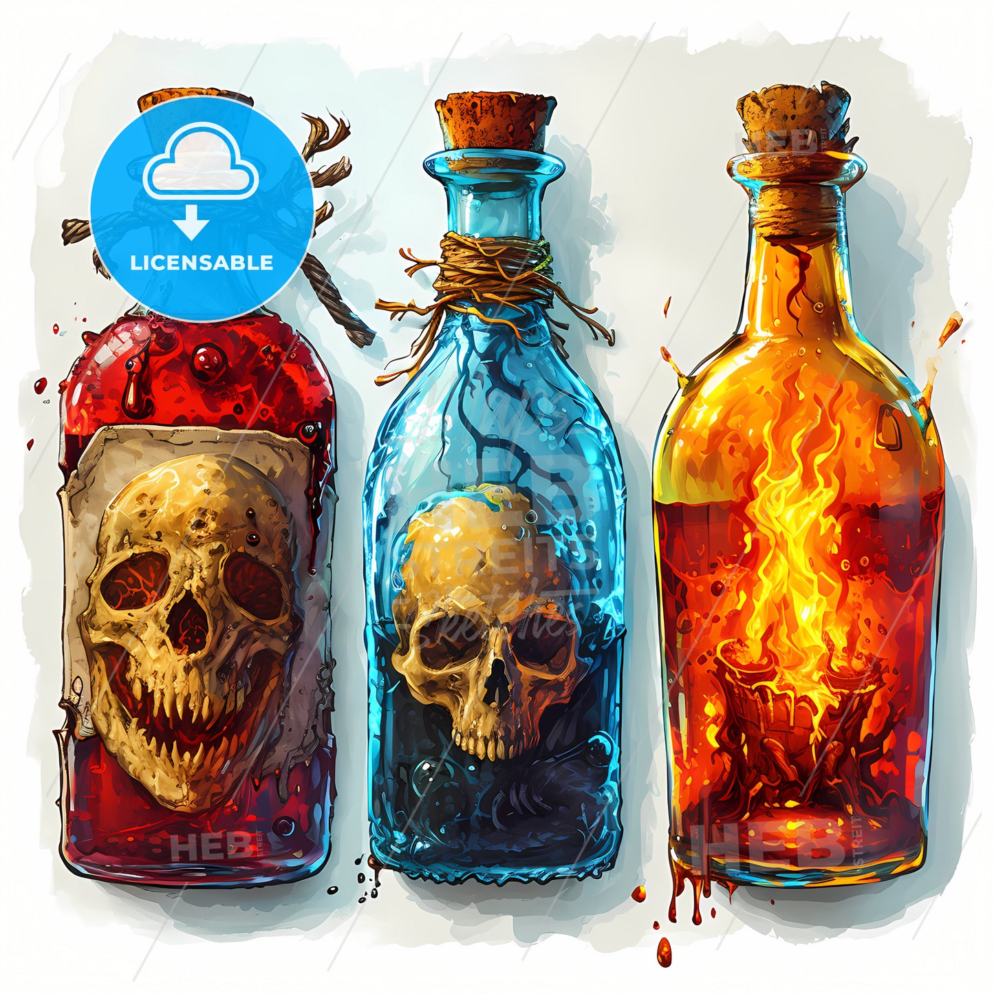 Four Stickers That Are Made Out Of Bottles, A Group Of Bottles With Different Colored Liquid