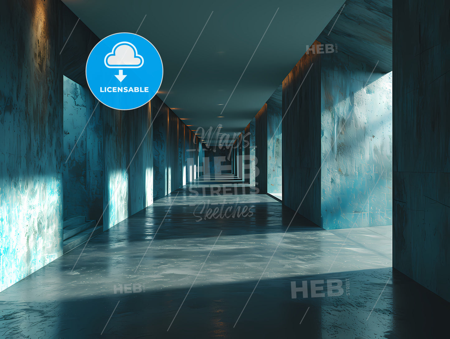 Universal Minimalistic Blue Background, A Long Hallway With Light Shining Through The Windows