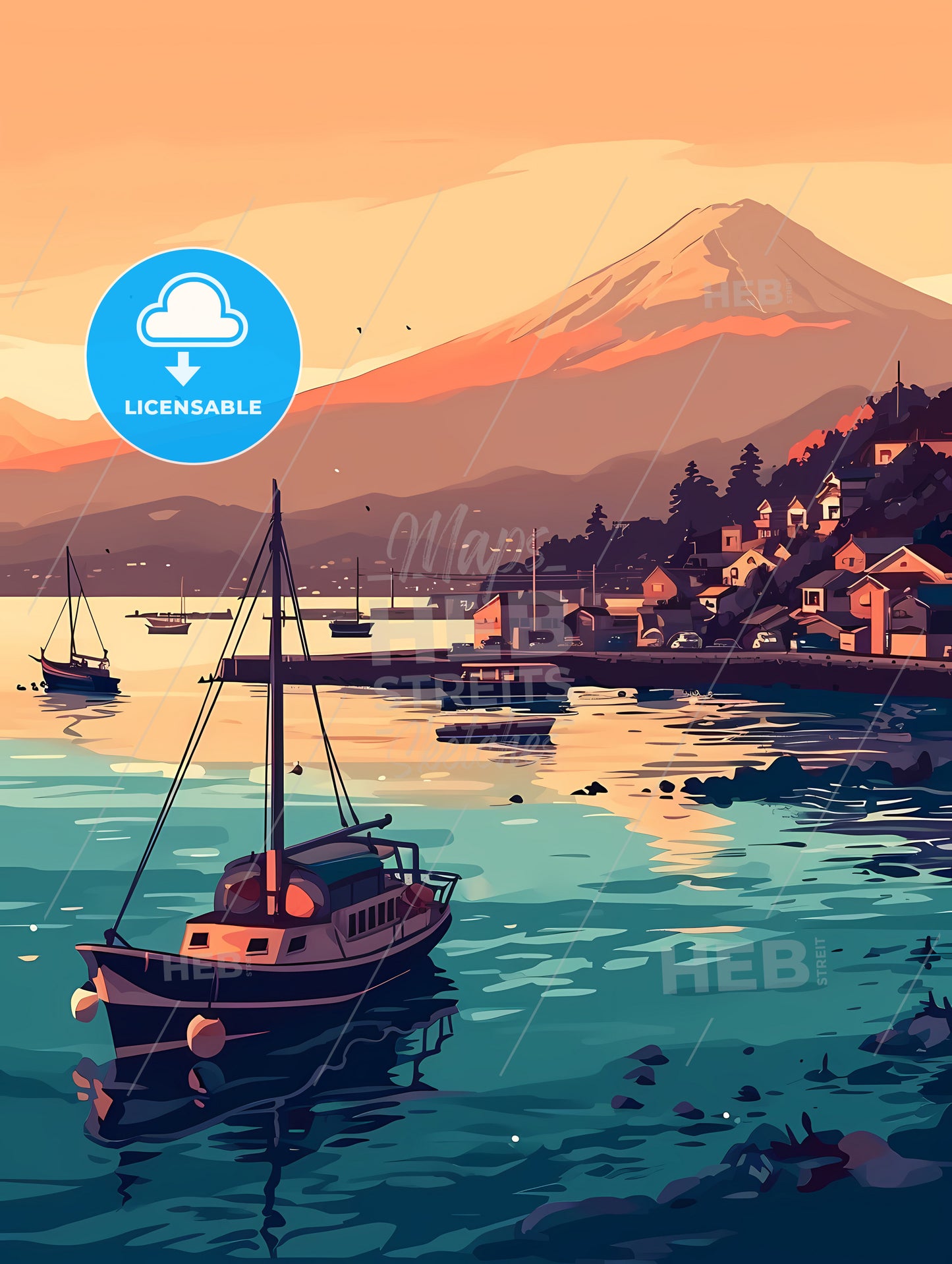 Mount Fuji, A Small Town On The Water