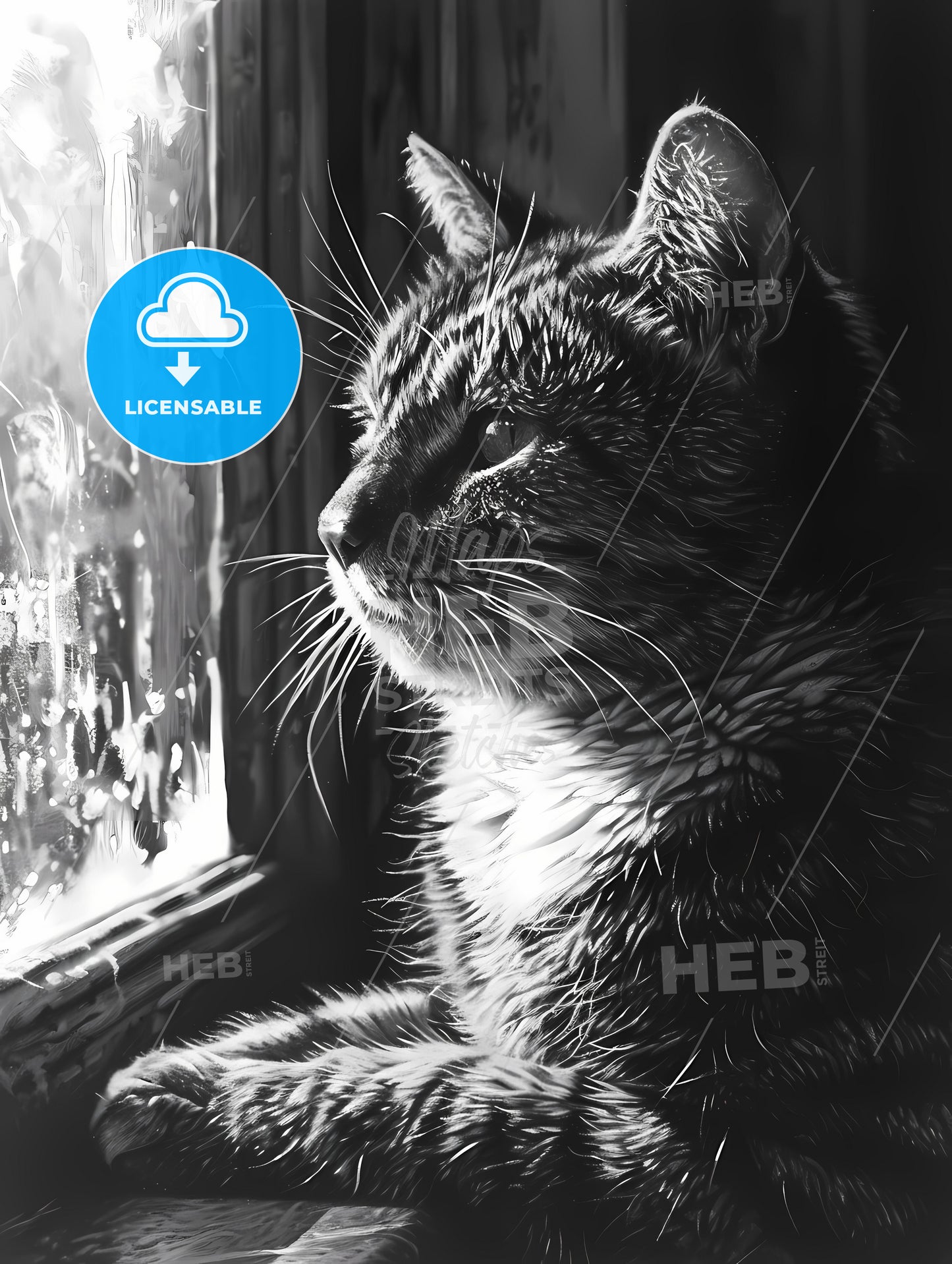 Linocut Cat Folk Art, A Cat Sitting In A Window