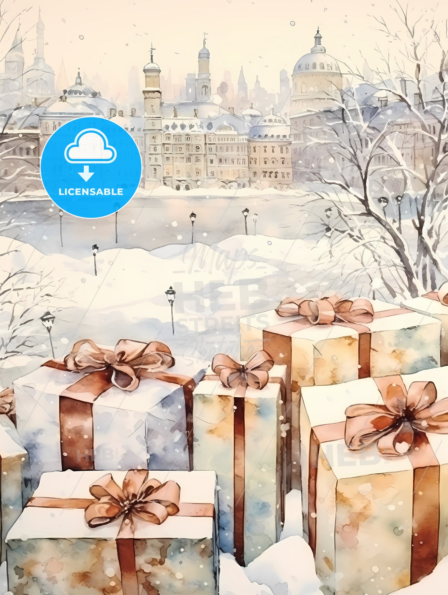Christmas And Holiday Gifts On Snow, A Group Of Presents With Bows