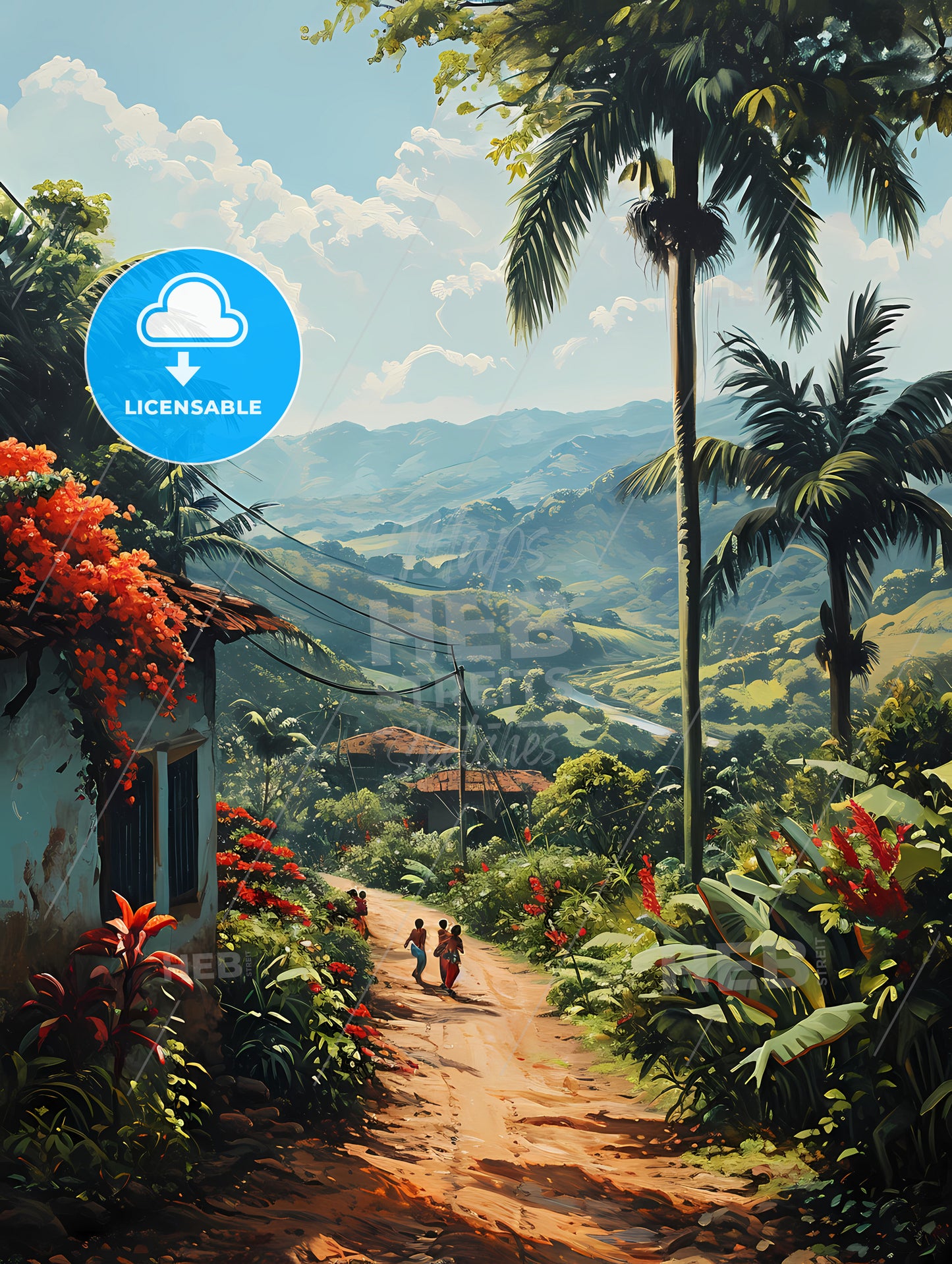 A Green Sunny Landscape With Many Dancers, A Dirt Road With Palm Trees And Flowers