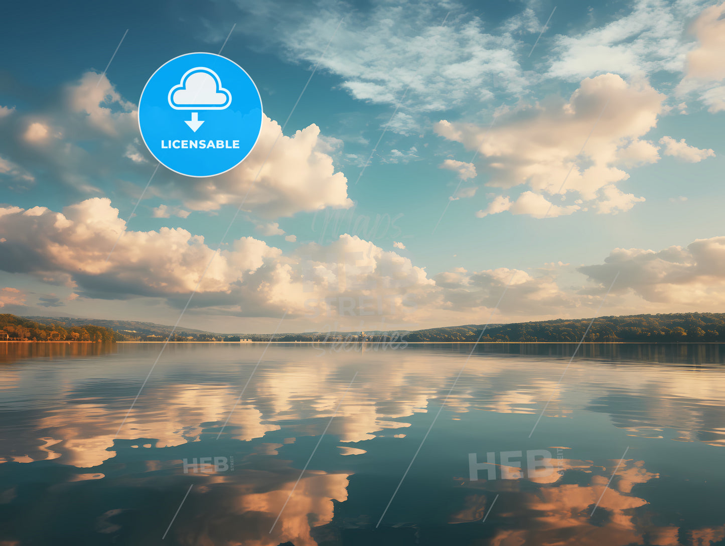Flowing Clouds, A Body Of Water With Clouds And Trees