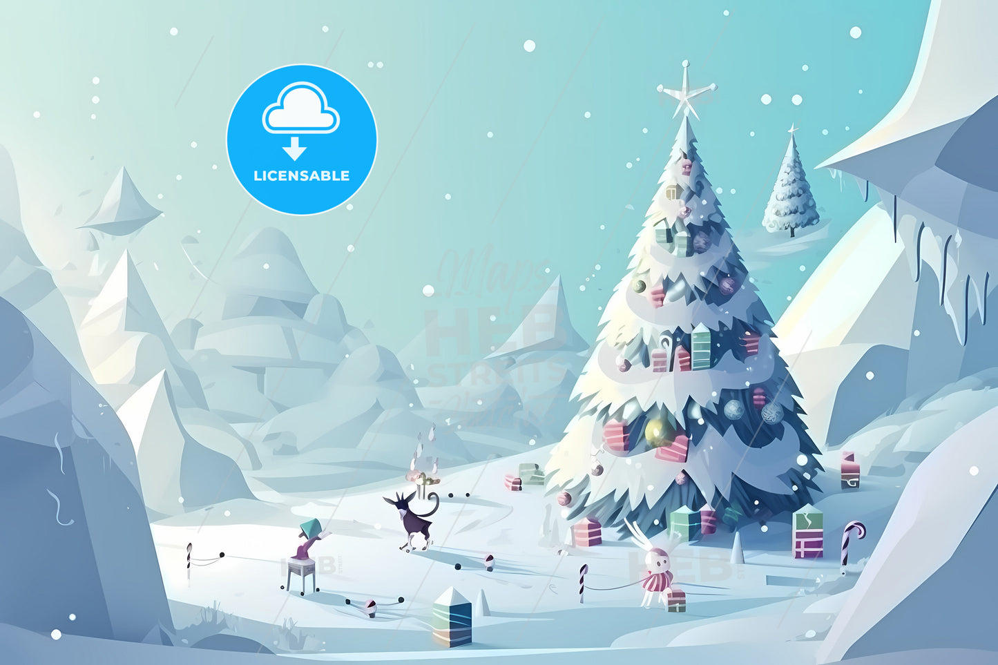 A Snowy Christmas Landscape, A Cartoon Of A Christmas Tree With Presents And A Cat