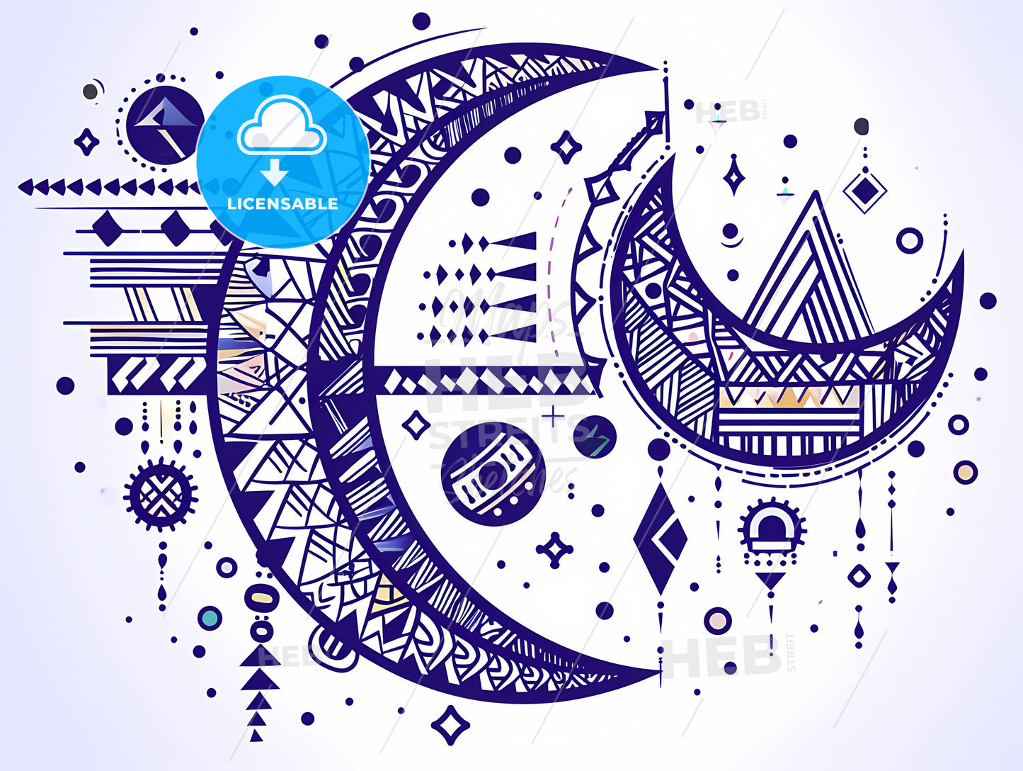 Antique Style Hand Drawn Art Crescent Moon, A Blue And White Design